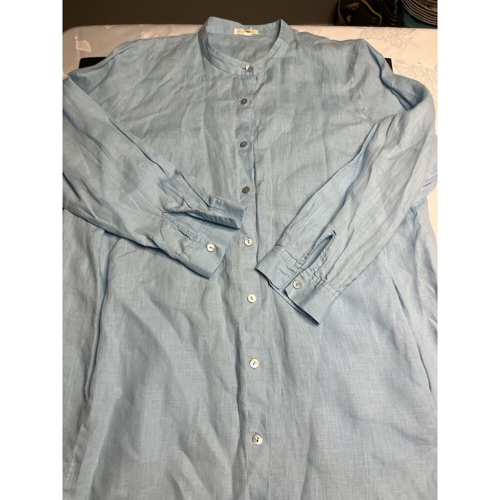 Elieen Fisher 100% Linen Long Button Down Pockets Tunic Blouse Sz M